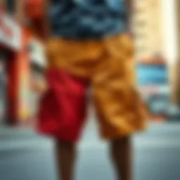 Vibrant oversized shorts displayed against a dynamic urban backdrop
