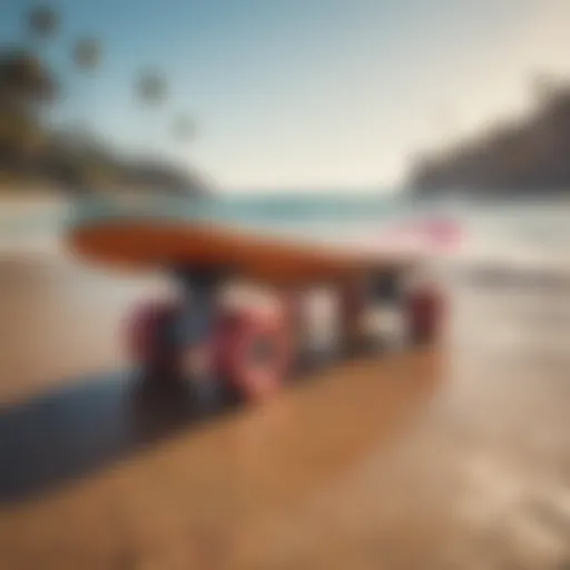 A colorful penny surf skate on a vibrant beach