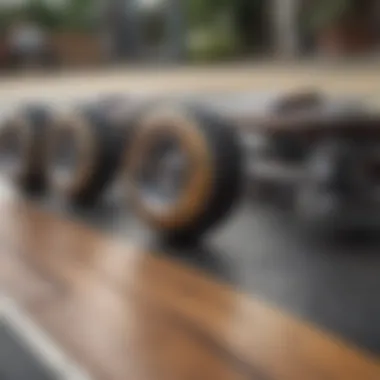 Close-up of penny surf skate wheels and deck design