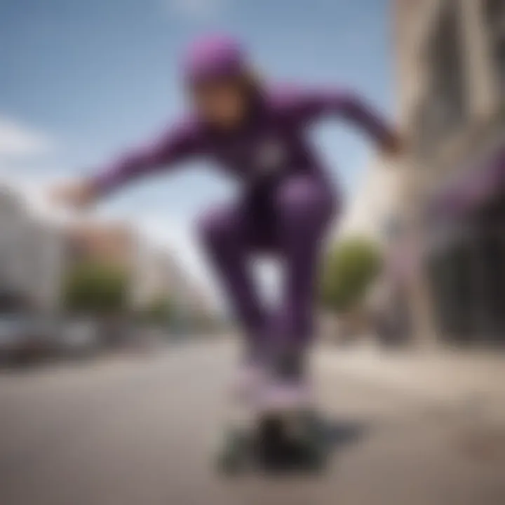 A skateboarder wearing Purple Cheetah Vans performing a trick