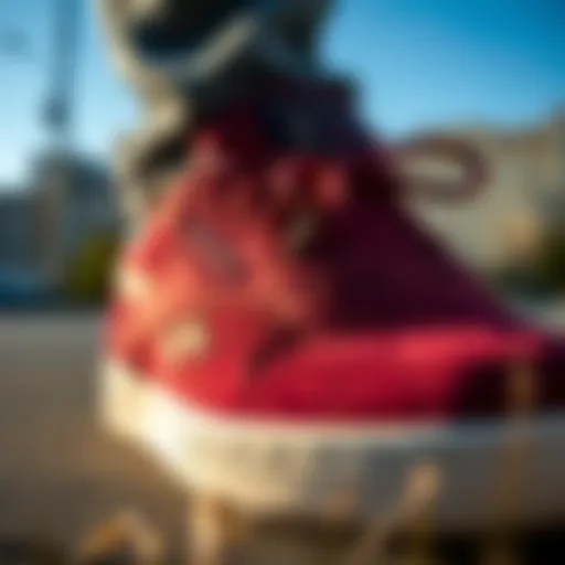 Detailed View of the Reebok Club C 85 Burgundy Close-up of Reebok Club C 85 Burgundy sneaker showcasing its rich texture and color.