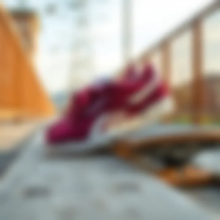 Lifestyle shot of Reebok Club C 85 Burgundy on a wooden skateboard deck.