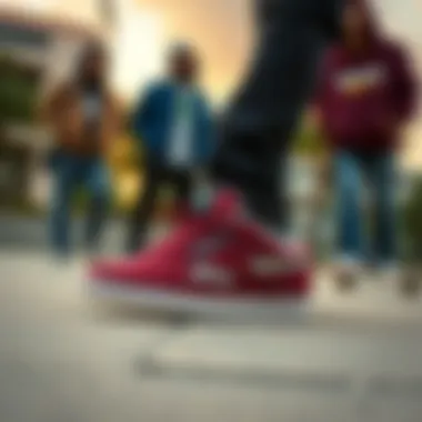 Group of skaters wearing Reebok Club C 85 Burgundy in an urban setting.