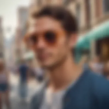 A vibrant street scene featuring individuals wearing round rim sunglasses, highlighting cultural influences.