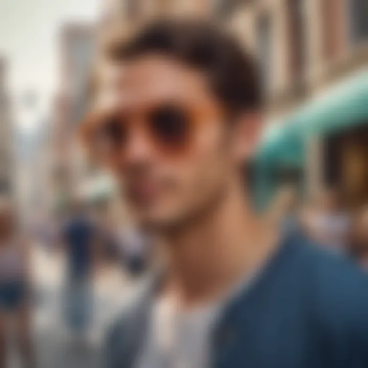 A vibrant street scene featuring individuals wearing round rim sunglasses, highlighting cultural influences.