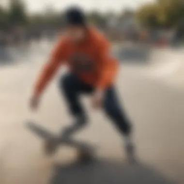 A skater wearing a Salty Crew sweatshirt performing a trick at a skate park.