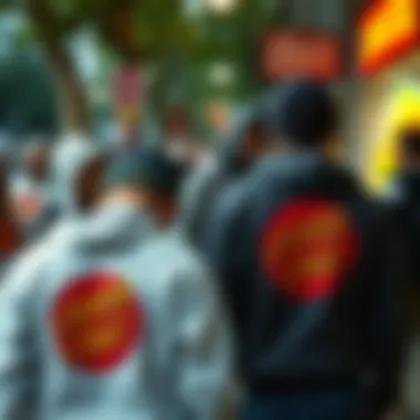 A vibrant street scene with individuals wearing Santa Cruz hoodies