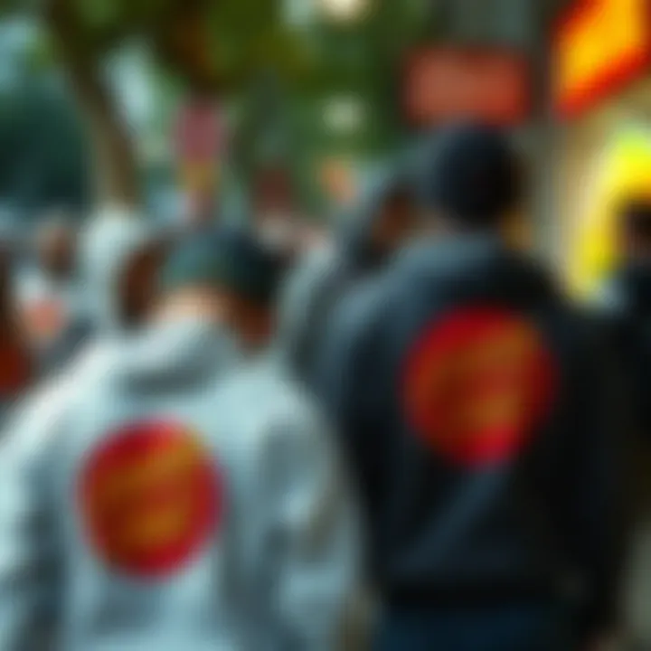 A vibrant street scene with individuals wearing Santa Cruz hoodies