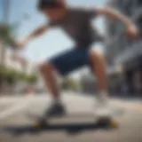 A dynamic skateboarder showcasing knee-length shorts in action