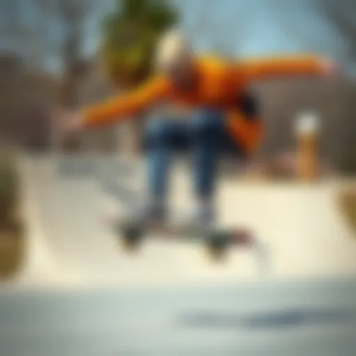 A skateboarder demonstrating the use of shoulder pads during a trick.