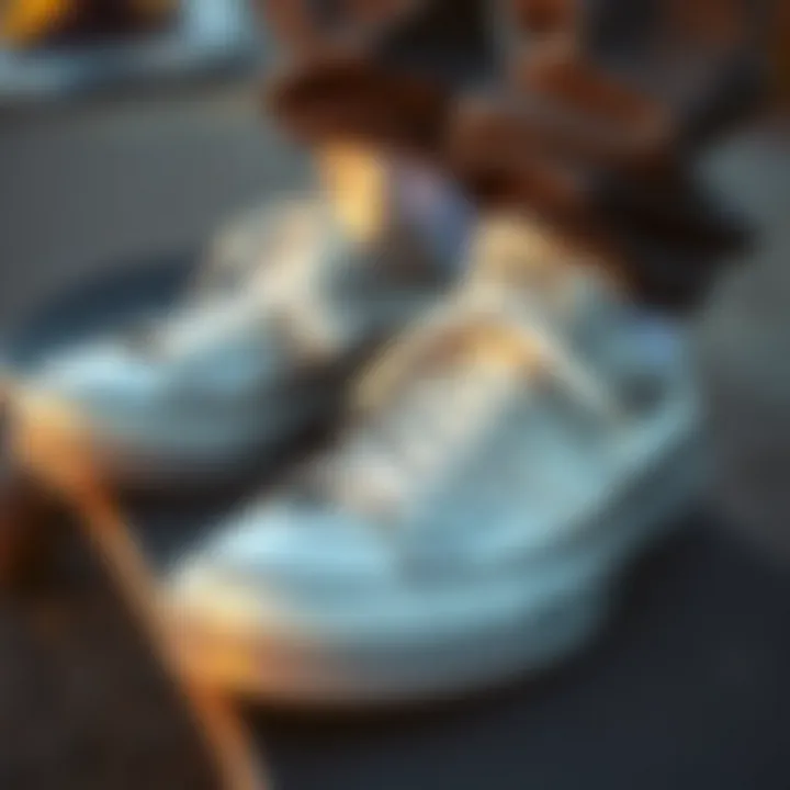 Close-up view of silver Converse sneakers on a skateboard