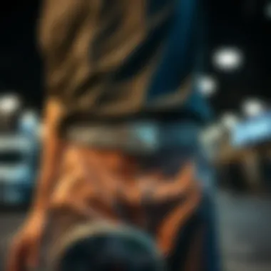 A skateboarder wearing a stylish silver studded belt, embodying skate culture