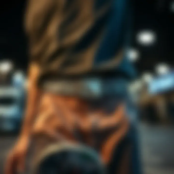 A skateboarder wearing a stylish silver studded belt, embodying skate culture