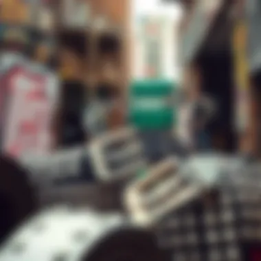 A collection of silver studded belts displayed in a vibrant urban setting