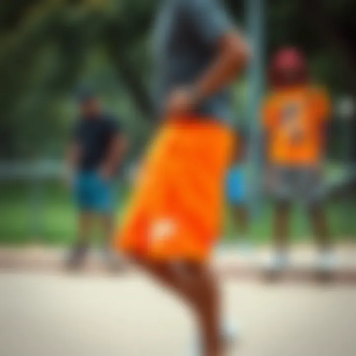 Fashion and Community: Orange Shorts in Skate Culture Fashionable group of skateboarders showcasing orange Nike shorts in a park
