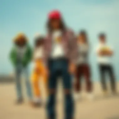 Collective Expression: Taper Ripped Jeans in Skate Culture Fashionable group of skaters displaying diverse outfits featuring taper ripped jeans
