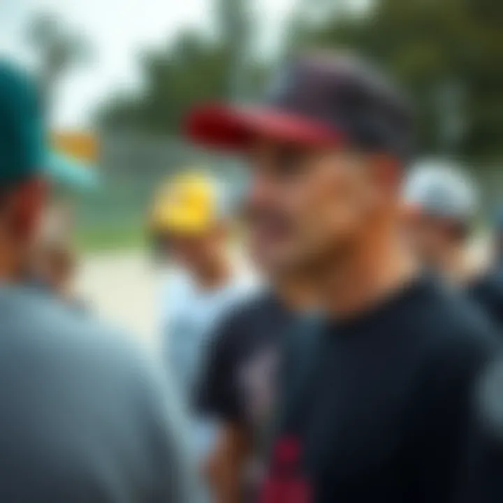 A community gathering in a skate park featuring various trucker hats