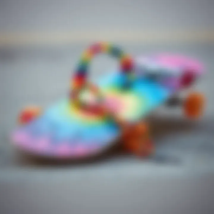 A skateboard deck adorned with a colorful tie dye lanyard