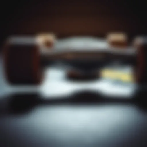 Close-up of skateboard components showcasing wheels and deck