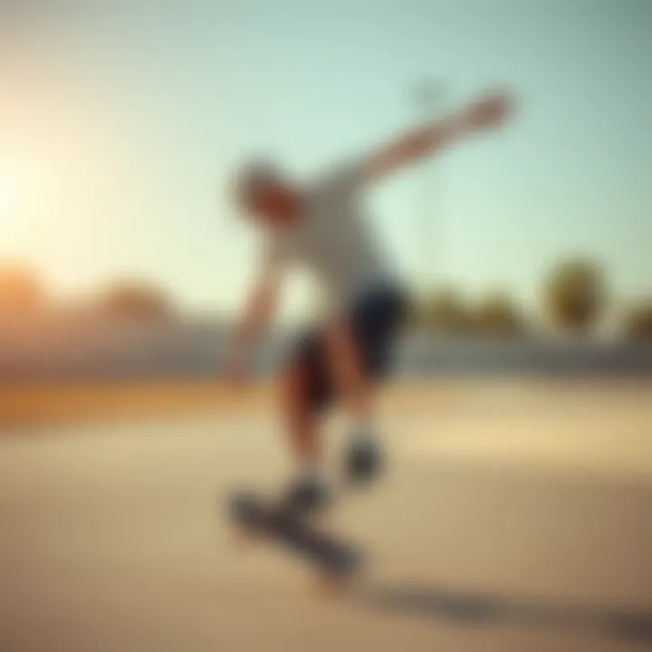 A skateboarder performing tricks, wearing broad shorts that emphasize mobility and style.