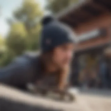 A skateboarder wearing a beanie in an urban skate park setting.