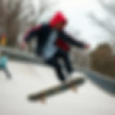 Skateboarder wearing a black and red jacket performing a trick