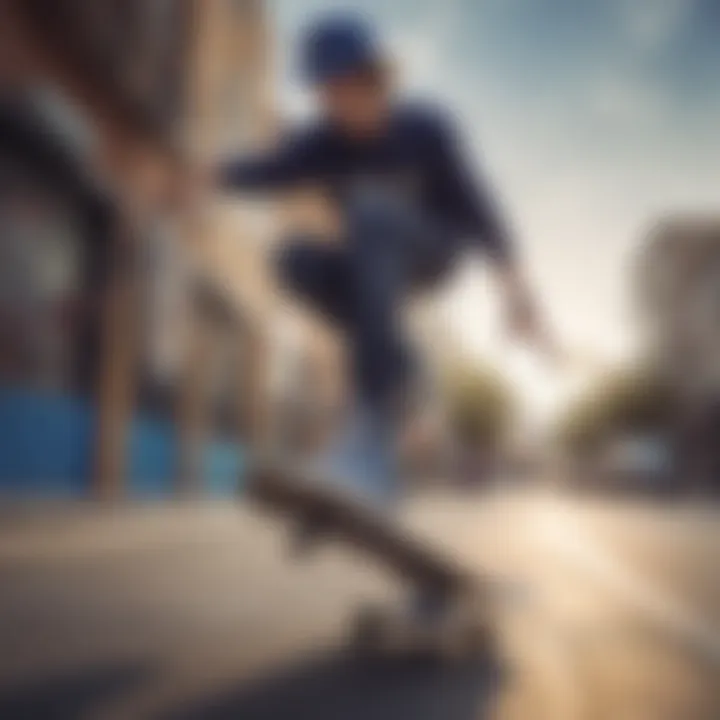 Skateboarder performing tricks while wearing cobalt shoes in an urban setting.