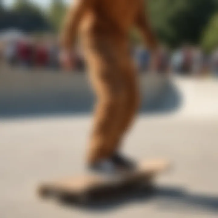 A skateboarder performing tricks in corduroy skater pants at a skate park.