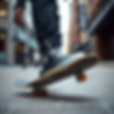 A skateboarder wearing high lugged black Converse in an urban setting