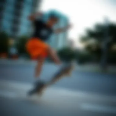 Action Shot: Skateboarding in Style Skateboarder wearing orange Nike shorts while performing tricks