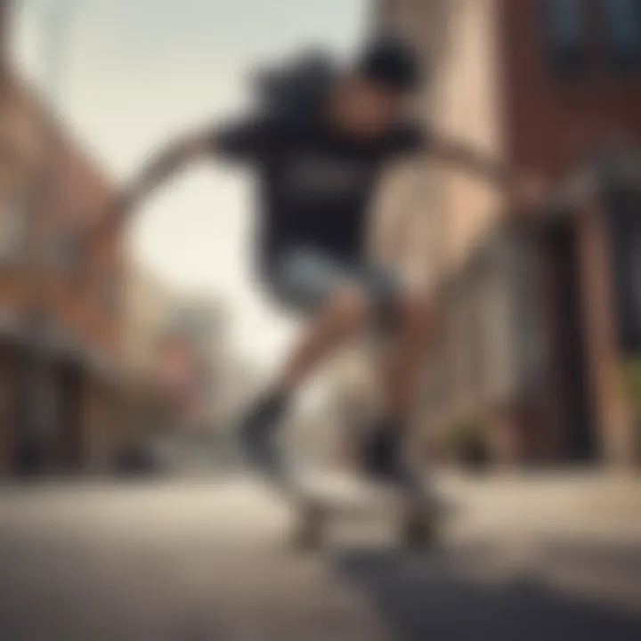 A skateboarder performing a trick while wearing Vans slip-ons and shorts in an urban setting.