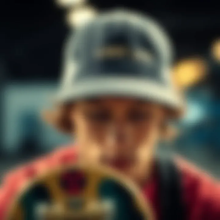 A close-up of a skateboarder wearing a lost trucker hat