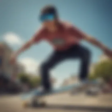 Skateboarder performing tricks wearing Oakley blue lens sunglasses