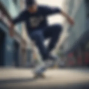 Skateboarder performing tricks wearing navy blue Fila shoes