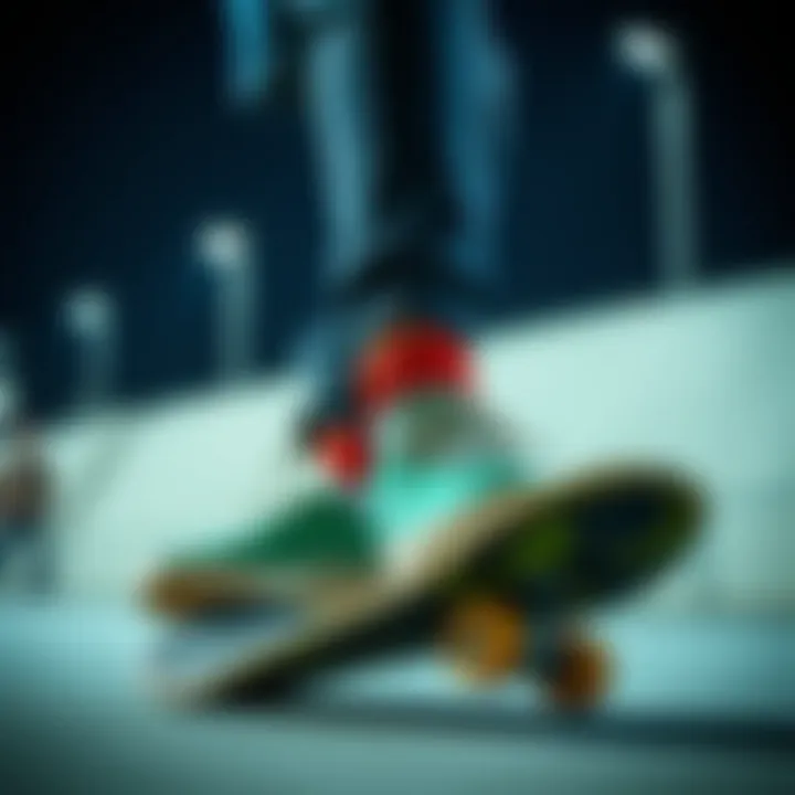 Skateboarding with Rip and Dip Slippers A skateboarder wearing rip and dip slippers while performing a trick