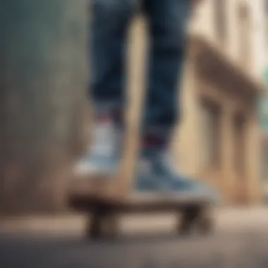 Skateboarder wearing velvet Vans high tops in action