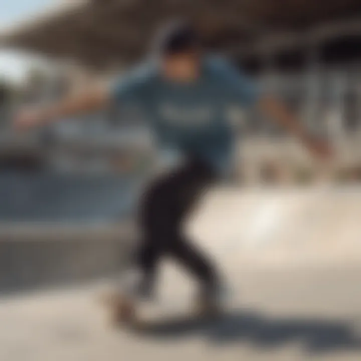 Skateboarder wearing an Alstyle tee shirt at a skate park.