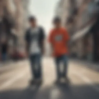 Skateboarders wearing OG shirts in an urban environment