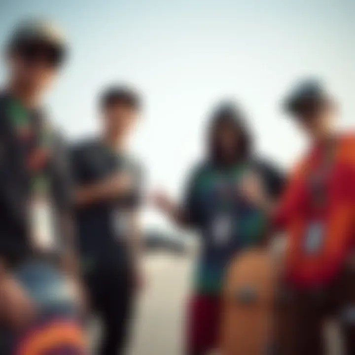 A group of skateboarders displaying their unique tie dye lanyards