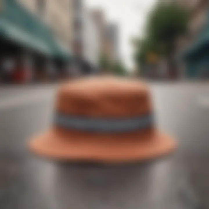 A person wearing a bucket hat while skateboarding in an urban environment