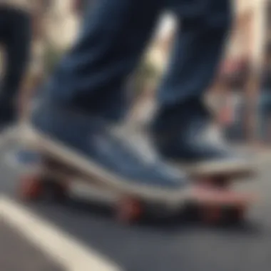 Group of skateboarders showcasing navy blue Fila shoes