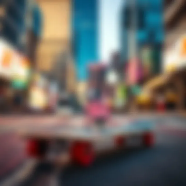 Urban Skateboard Setting Skateboard resting on a vibrant city street