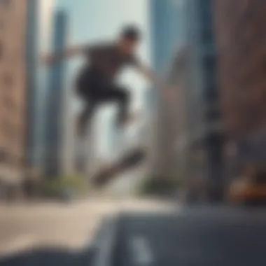 A skateboarder performing a trick on a city street with skyscrapers in the background