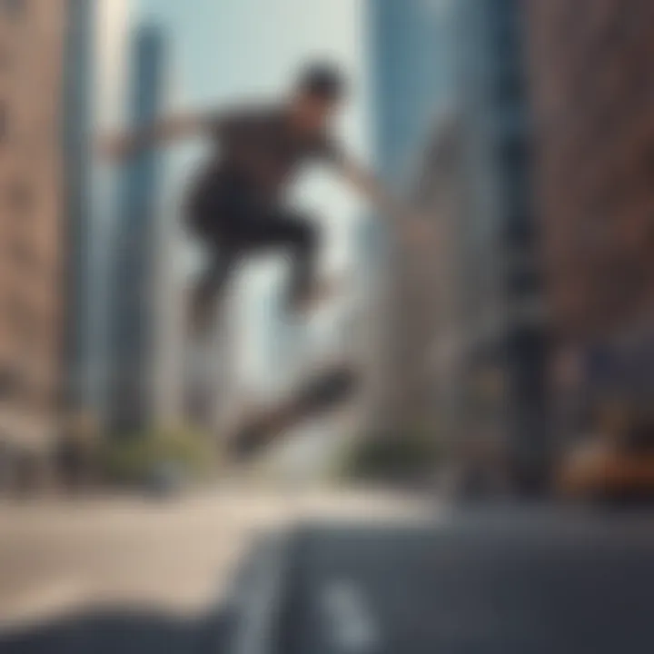 A skateboarder performing a trick on a city street with skyscrapers in the background