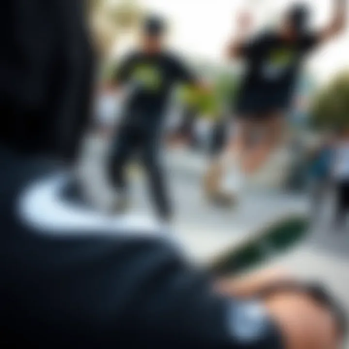 A vibrant skateboarding scene highlighting the community aspect of skaters wearing Nike Swoosh Black apparel.