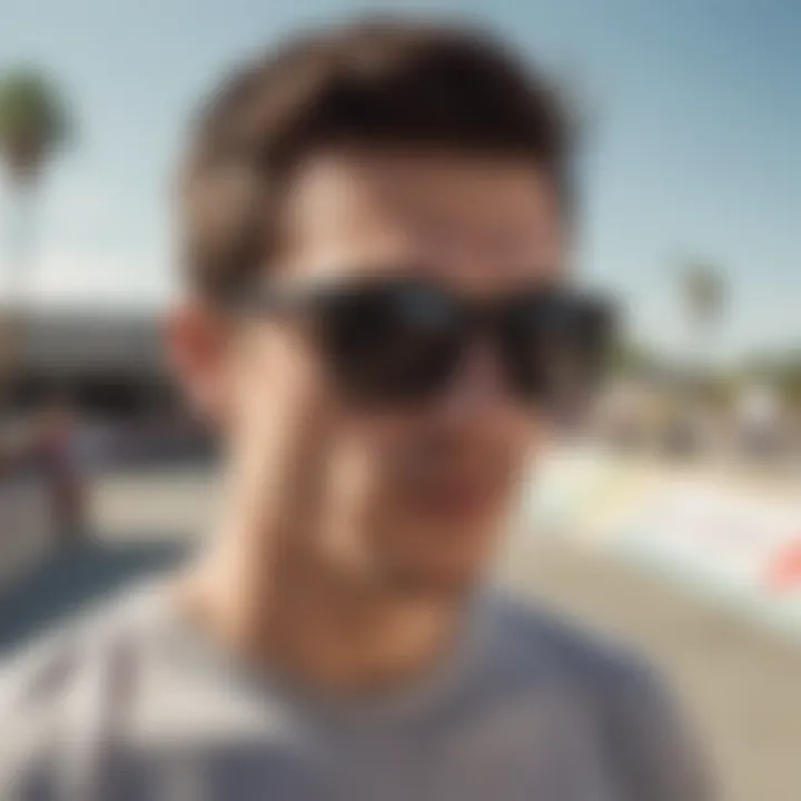 Skateboarder wearing Ray-Bans in action at a skatepark