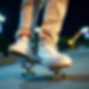 Skateboarder wearing white high top platform Converse in action