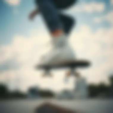 Performance and Mobility in Action Skater performing tricks while wearing white high-tops