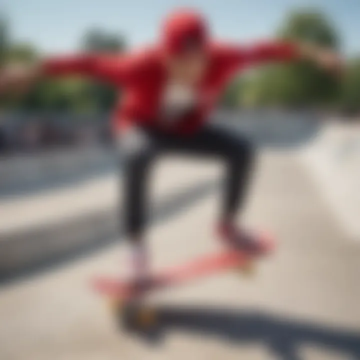 A skater performing tricks at a skate park, showcasing their Red Bandana Vans.