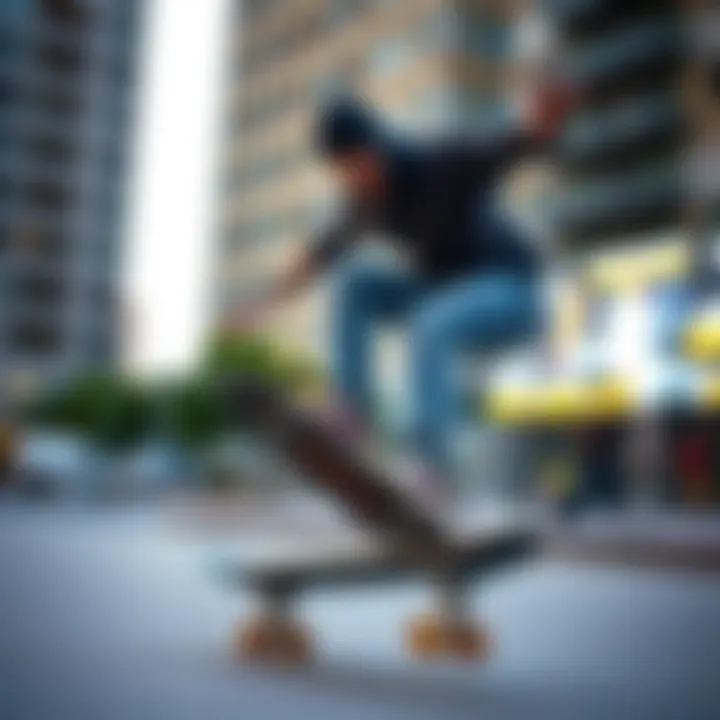 Performance in Action: Lugged Skateboard Tricks Skater performing tricks with a lugged skateboard in an urban setting